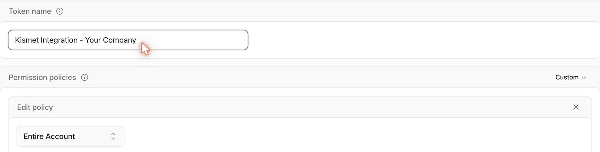 Token name field filled in with Kismet Integration – Your Company