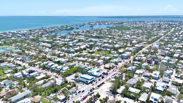 Aerial view of the island’s charming beach community.