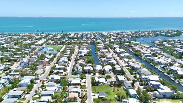 Aerial view of the island’s charming beach community.