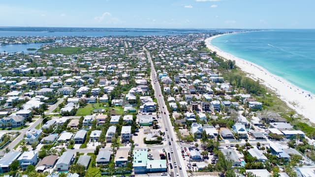 Aerial view of the island’s charming beach community.
