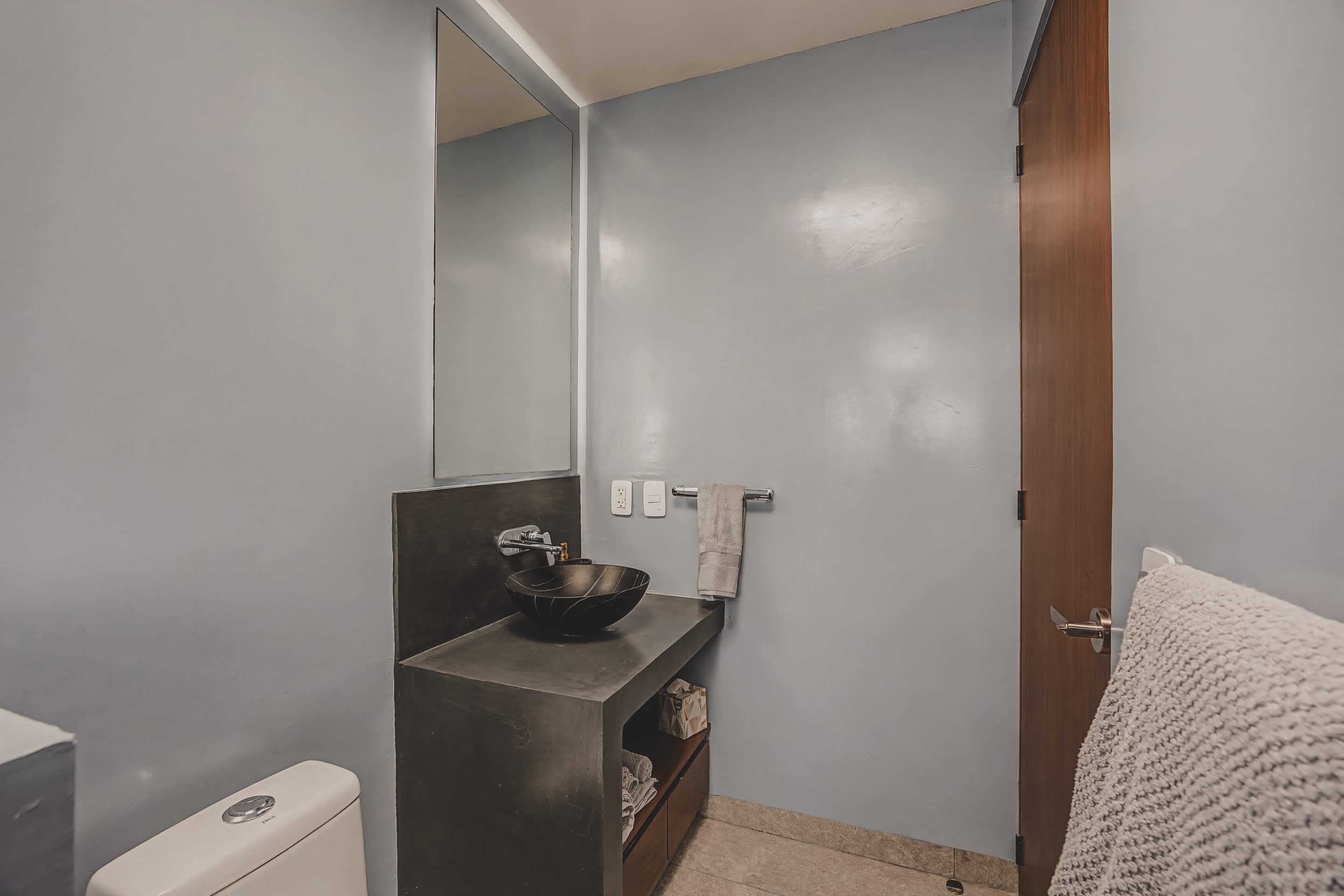Contemporary bathroom with light gray walls, a dark concrete vanity featuring a black vessel sink, and a large mirror above. A wooden door and a towel rack are also visible.