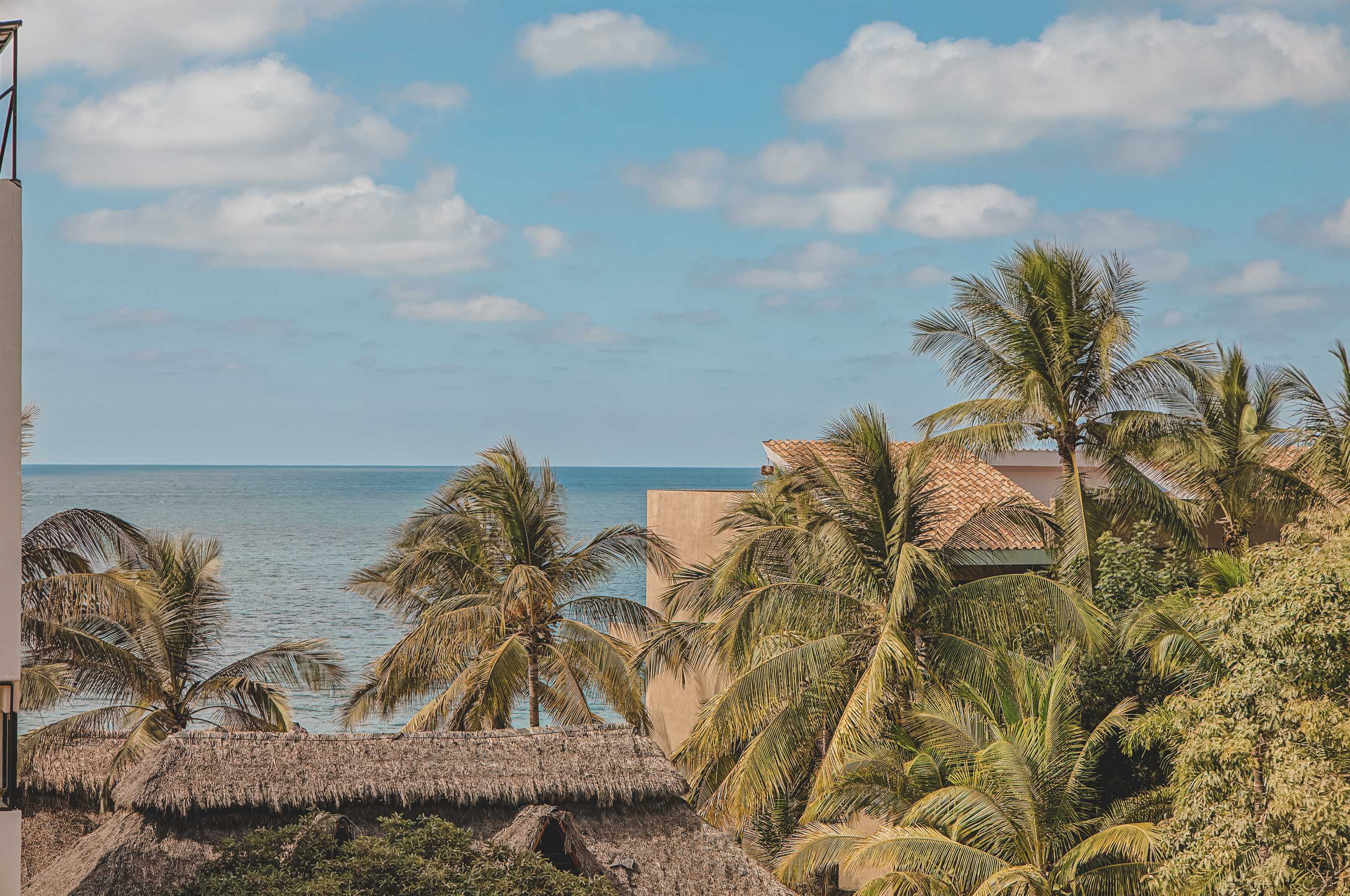 A serene ocean view framed by numerous swaying palm trees and traditional thatched and tiled rooftops. The calm blue sea stretches to the horizon under a partly cloudy sky.