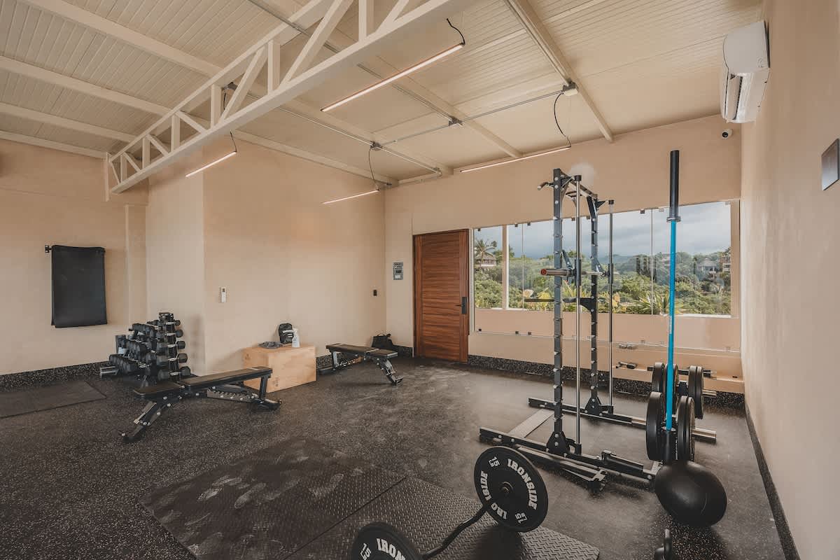 A corner of the gym features a dumbbell rack, weight benches, and a squat rack, with natural light and ocean views streaming in from the large windows.