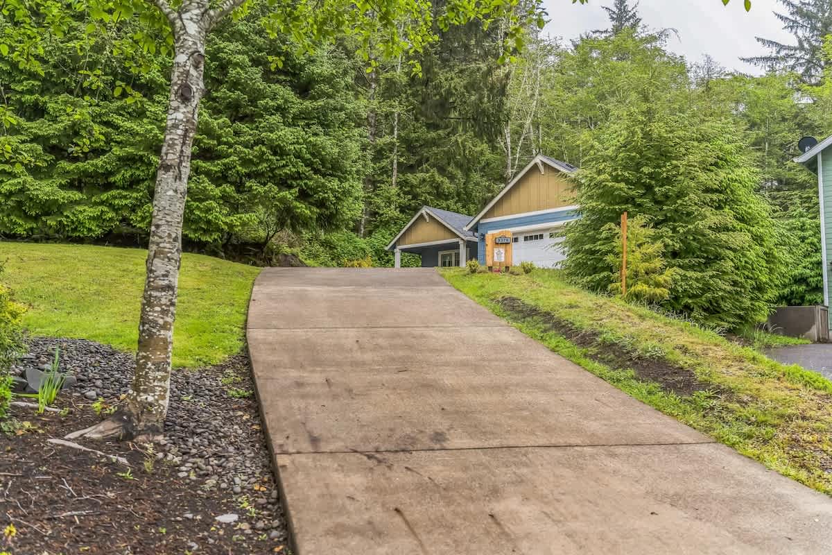 A long, upward-sloping concrete driveway is flanked by green grass and dark gravel, leading towards the blue and tan house nestled among lush green trees. A single tree with light bark stands prominently to the left.