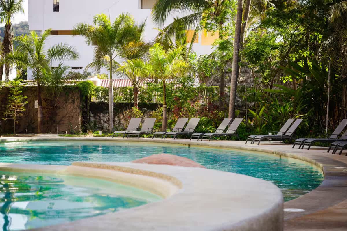 Serene outdoor swimming pool with a curved design, surrounded by lush tropical foliage and several lounge chairs, set against a backdrop of palm trees and buildings.