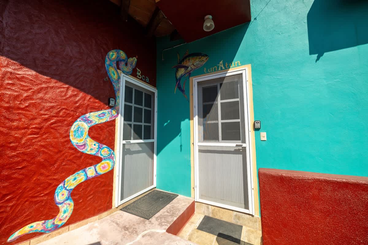 A vibrant exterior entrance featuring two screen doors, one set into a red wall with a colorful snake mural, and the other in a teal wall with a fish mural, under a bright sunny sky.