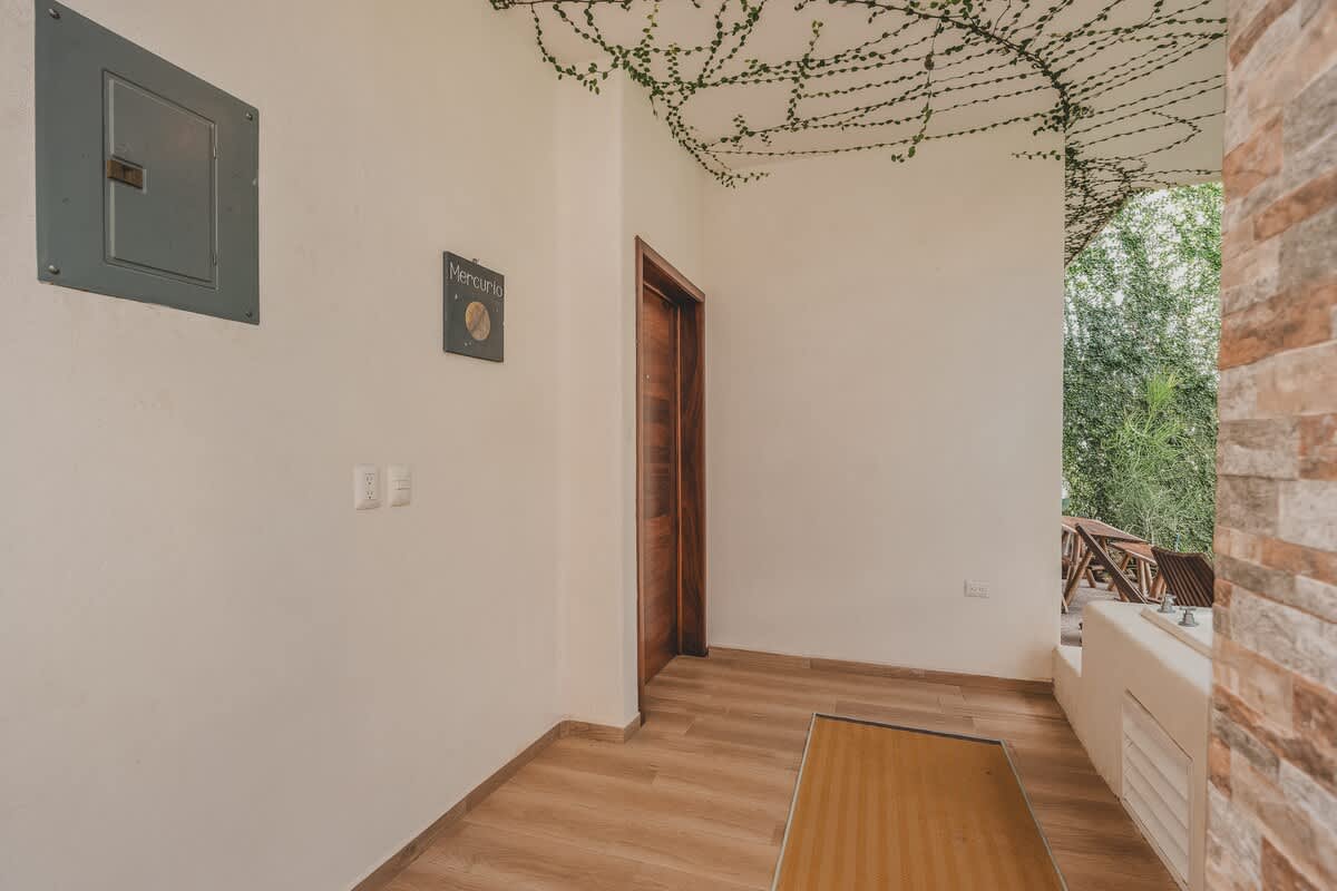 A covered outdoor entry area features white walls, a dark wooden door, an electrical panel, and a "Mercurio" sign, with green vines artfully trailing across the ceiling.
