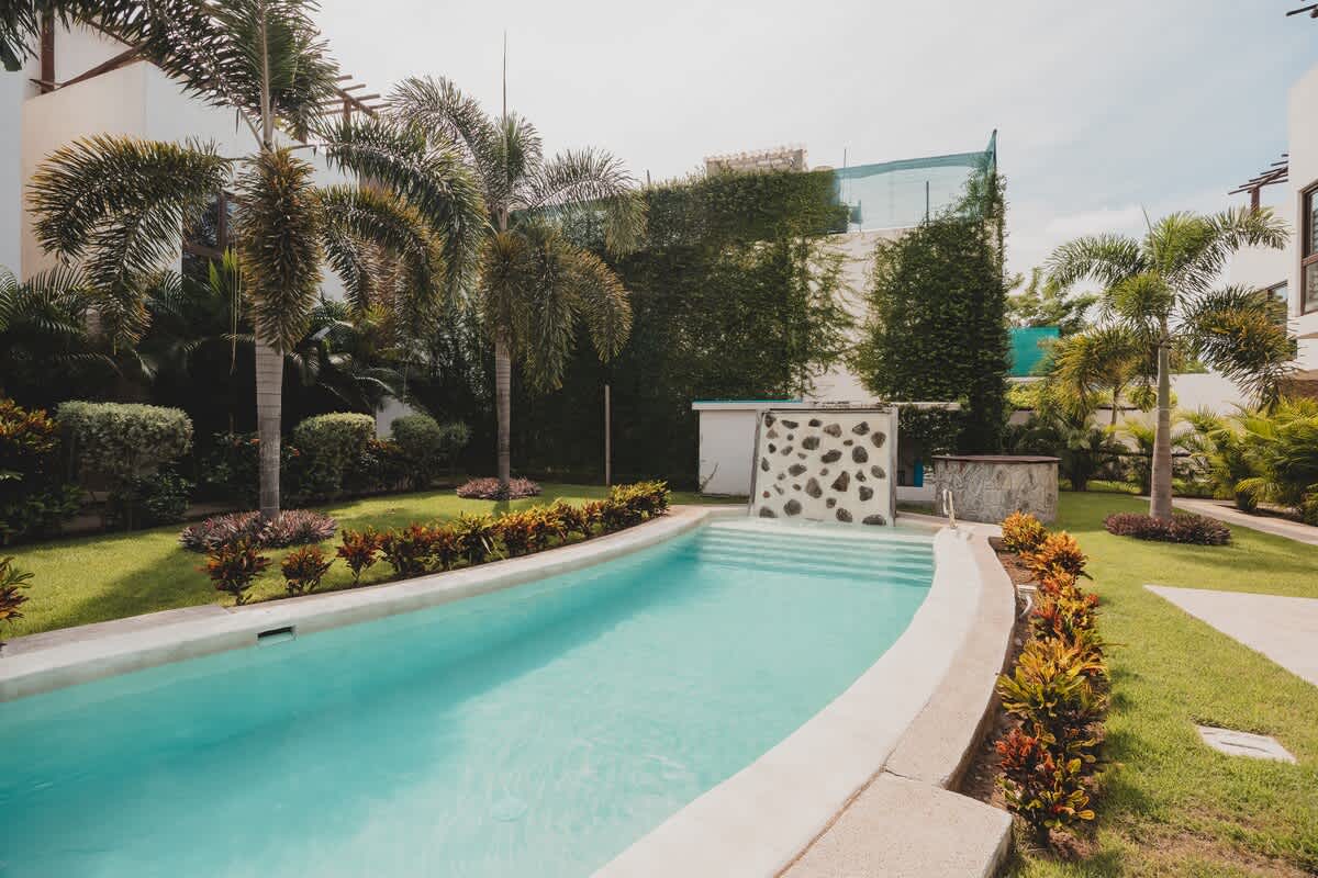 A long, narrow swimming pool with light blue water curves through a well-maintained green lawn, flanked by tropical plants and palm trees, with modern buildings visible in the background.