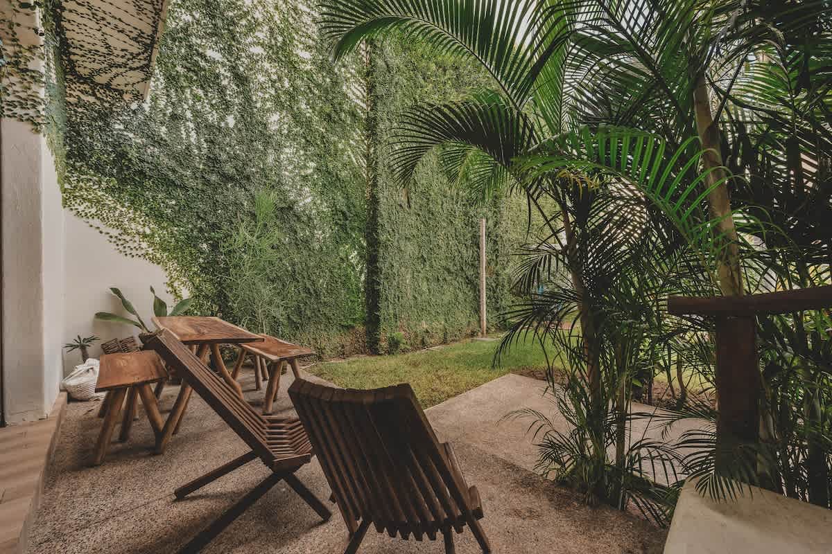 A lush green yard features a seating area with rustic wooden chairs and a table, set against a tall wall densely covered in vibrant green climbing vines.