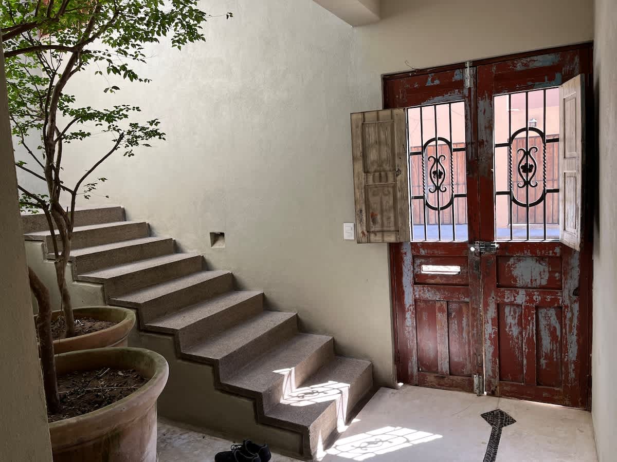 Inviting foyer with concrete stairs leading upwards, flanked by large potted trees, and rustic distressed wooden double doors featuring decorative metal grates.
