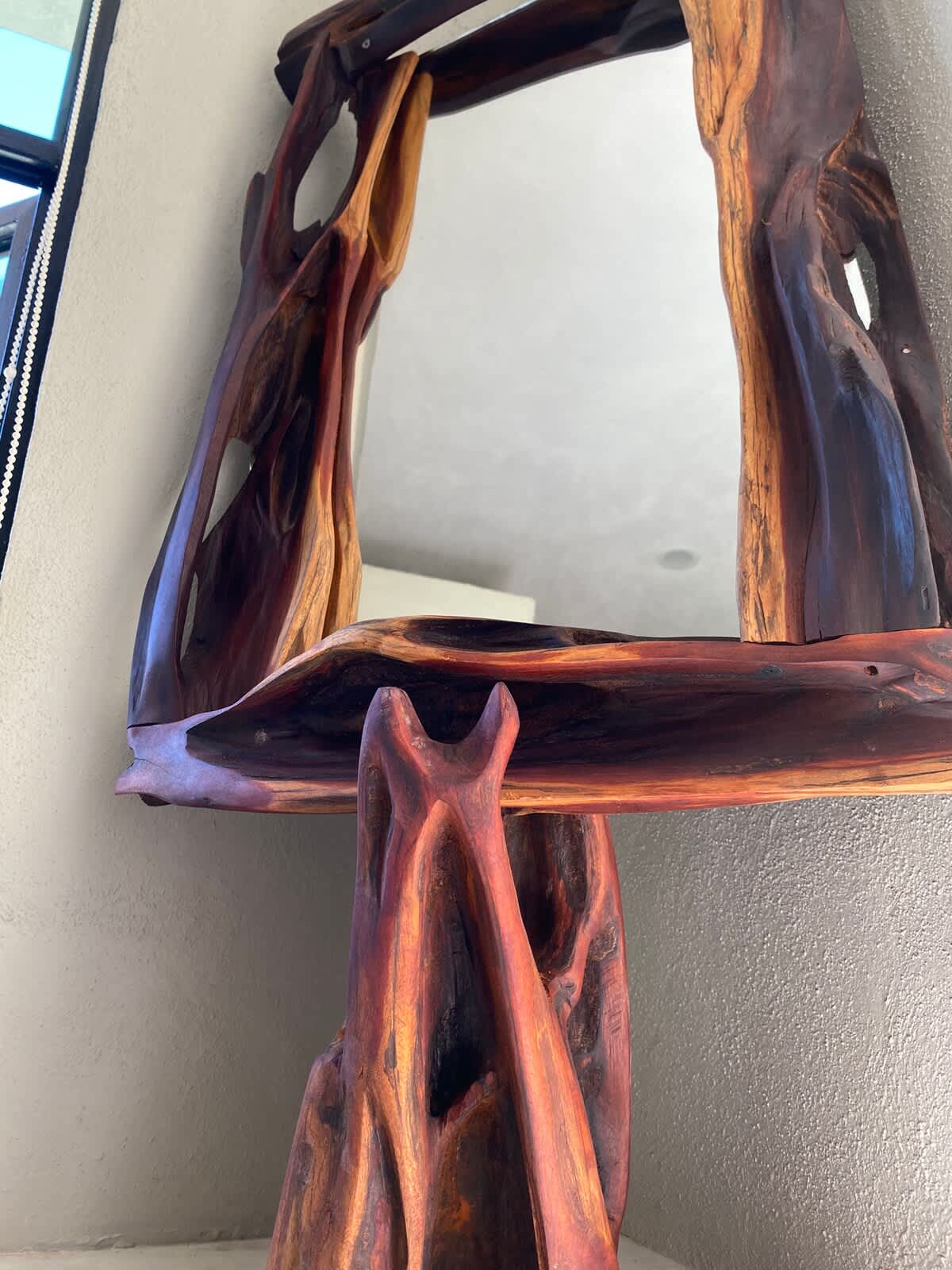 Close-up detail of a unique, organically shaped mirror frame crafted from dark, gnarled wood. The natural grain and texture of the wood are prominent.