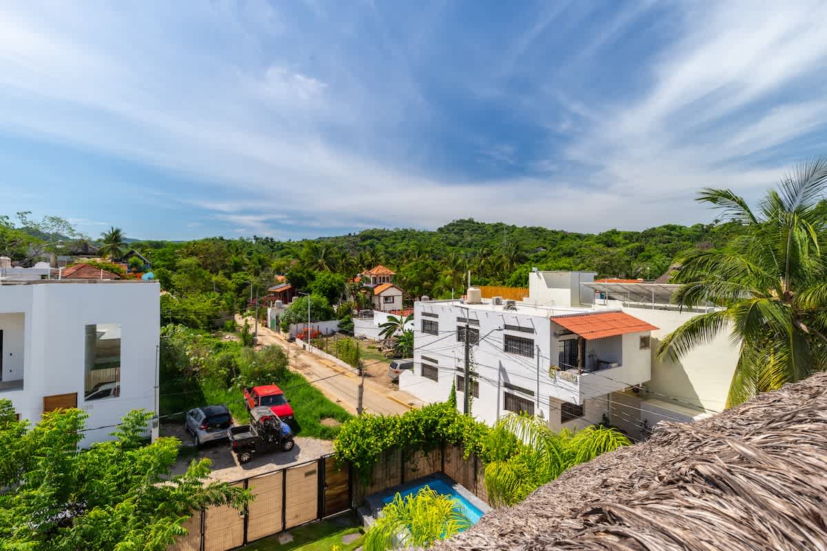 Elevated view of a vibrant tropical neighborhood featuring a mix of white and traditional houses, surrounded by abundant palm trees and green vegetation. A small swimming pool is visible in a fenced yard below.