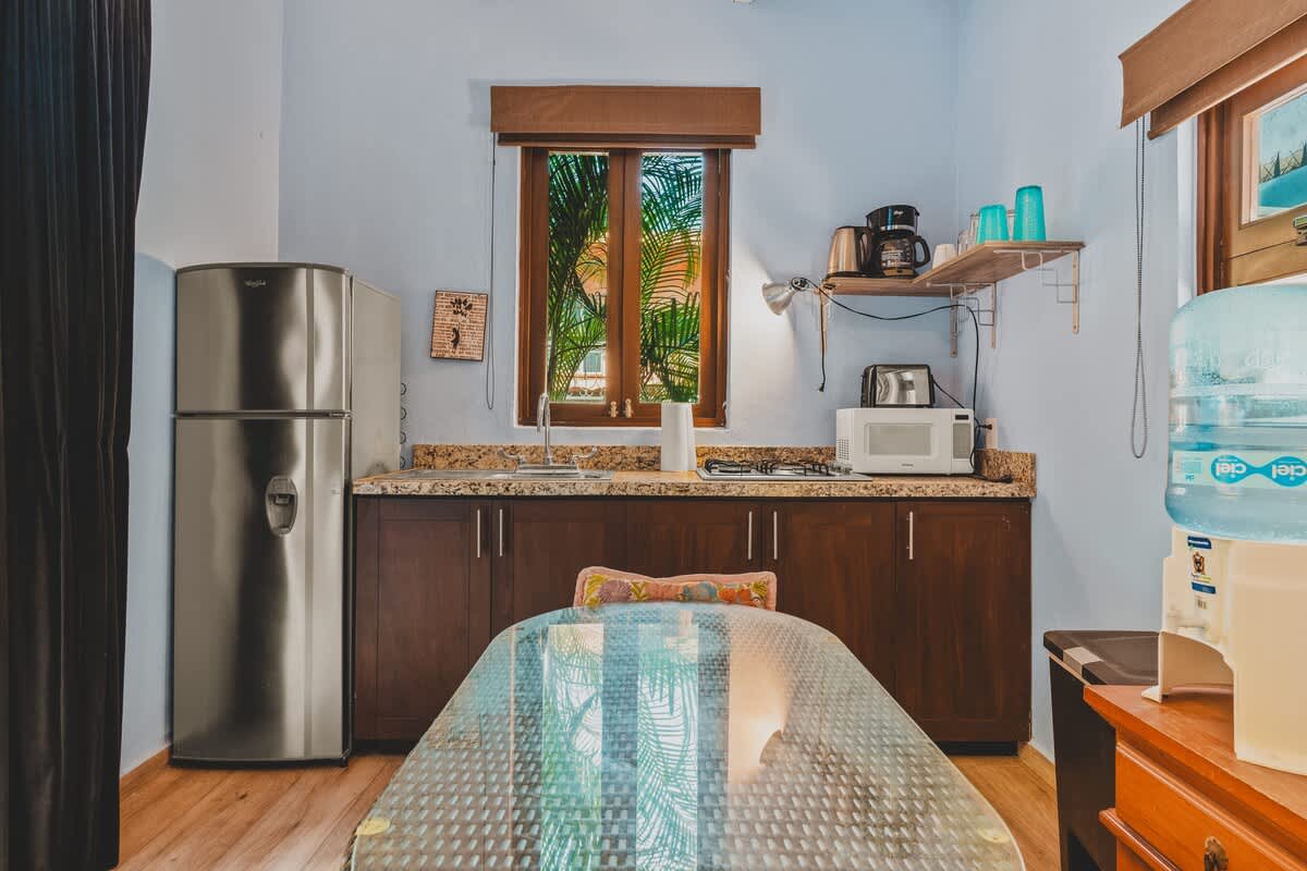 A functional kitchen area with dark wood cabinets, granite countertops, and a stainless steel refrigerator, positioned next to a glass-top dining table. A window provides a view of lush greenery, and various kitchen appliances are arranged on the counter and shelves.