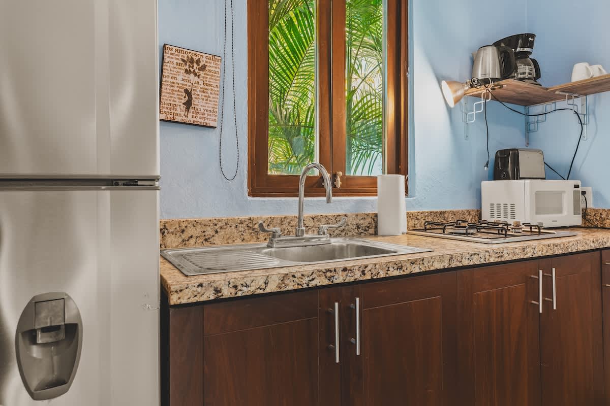 A compact kitchen area with dark wood cabinets, granite countertops, and a stainless steel sink. Essential appliances like a refrigerator, microwave, toaster, and coffee maker are present, with a window offering a view of lush greenery.