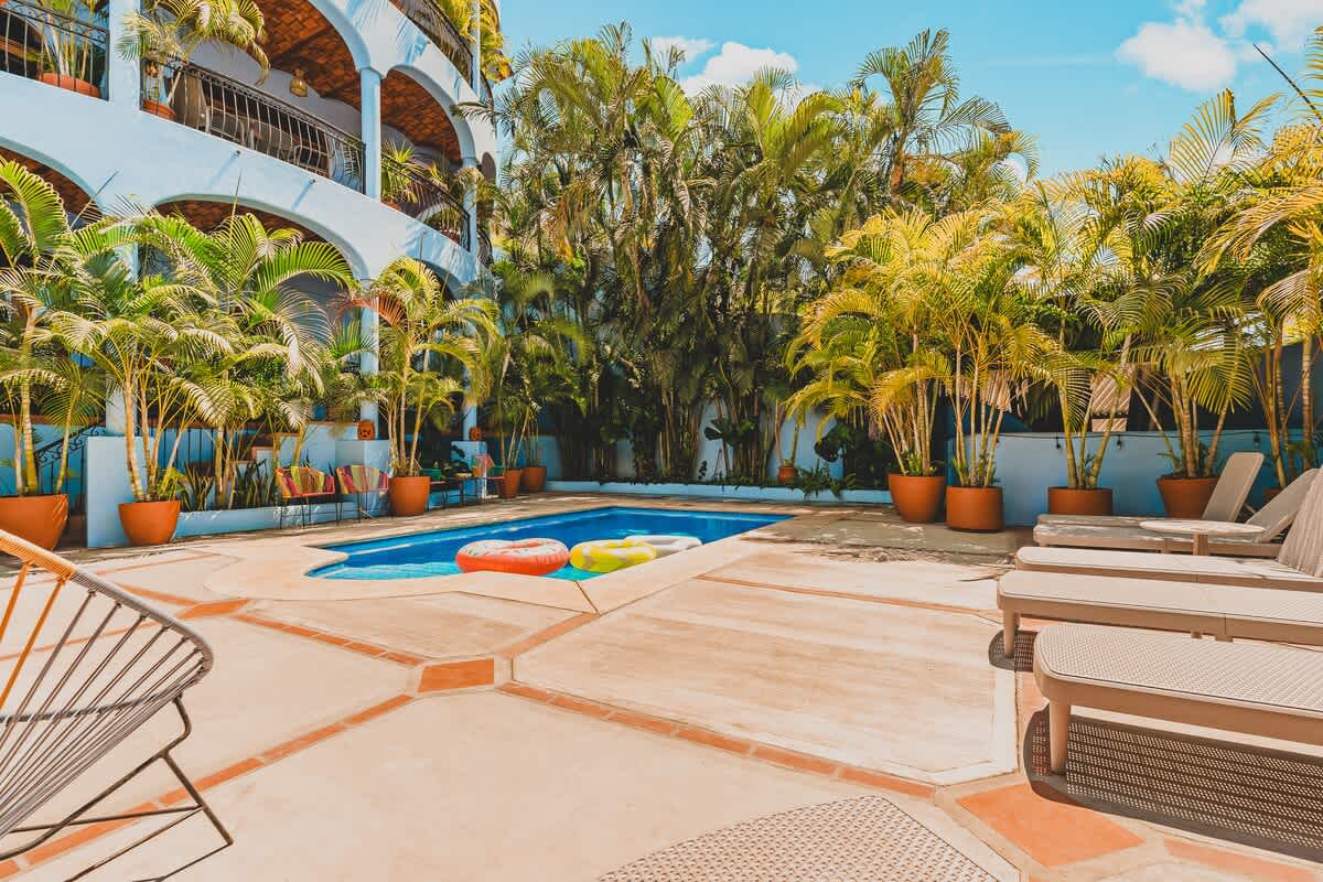 An expansive outdoor pool area with a bright blue swimming pool, several pool floats, and numerous lounge chairs on a concrete patio. The area is heavily landscaped with tall palm trees and tropical foliage.