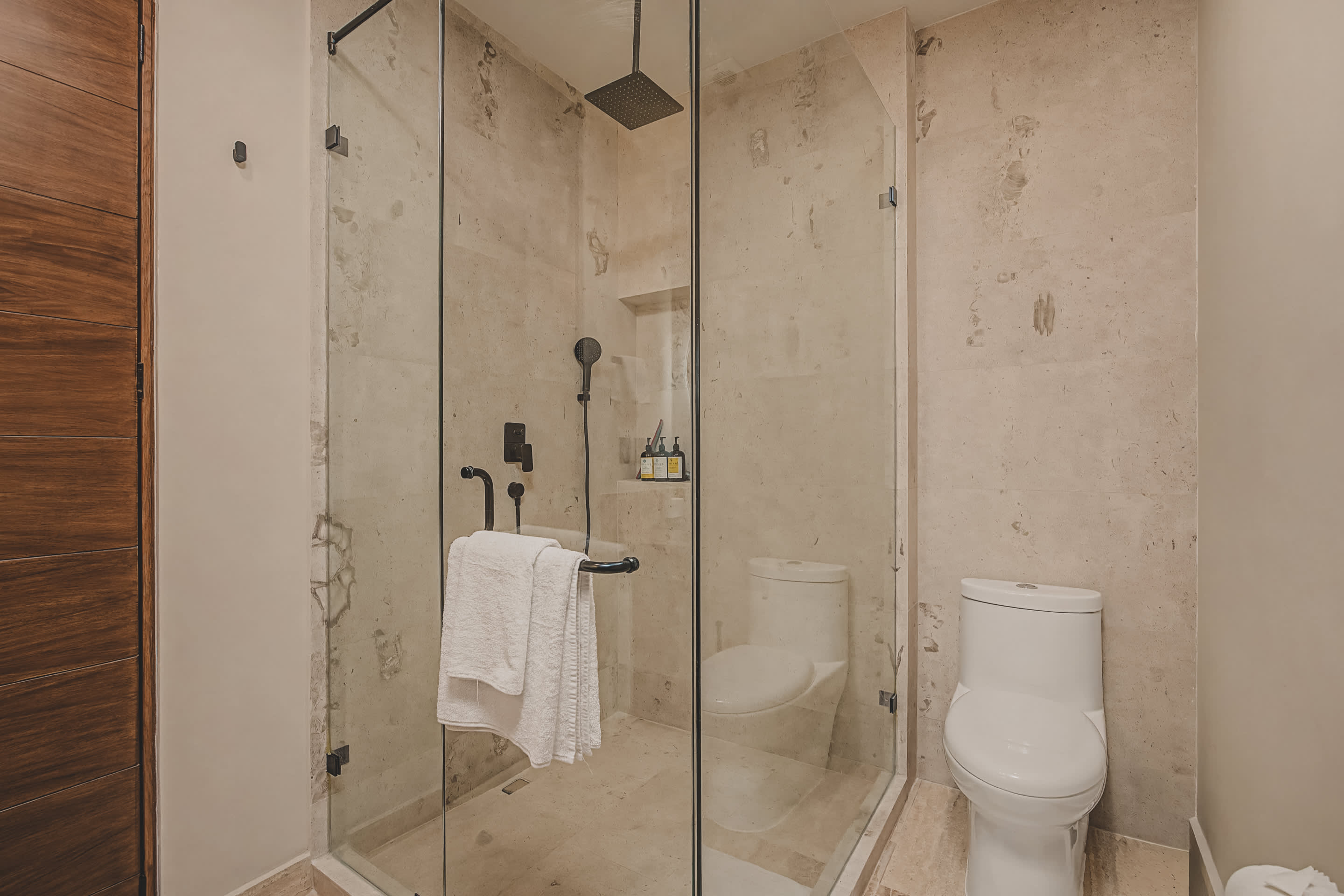 Modern walk-in shower with glass enclosure, rain showerhead, and handheld shower, alongside a white toilet, all set against light-colored tiled walls and floor.