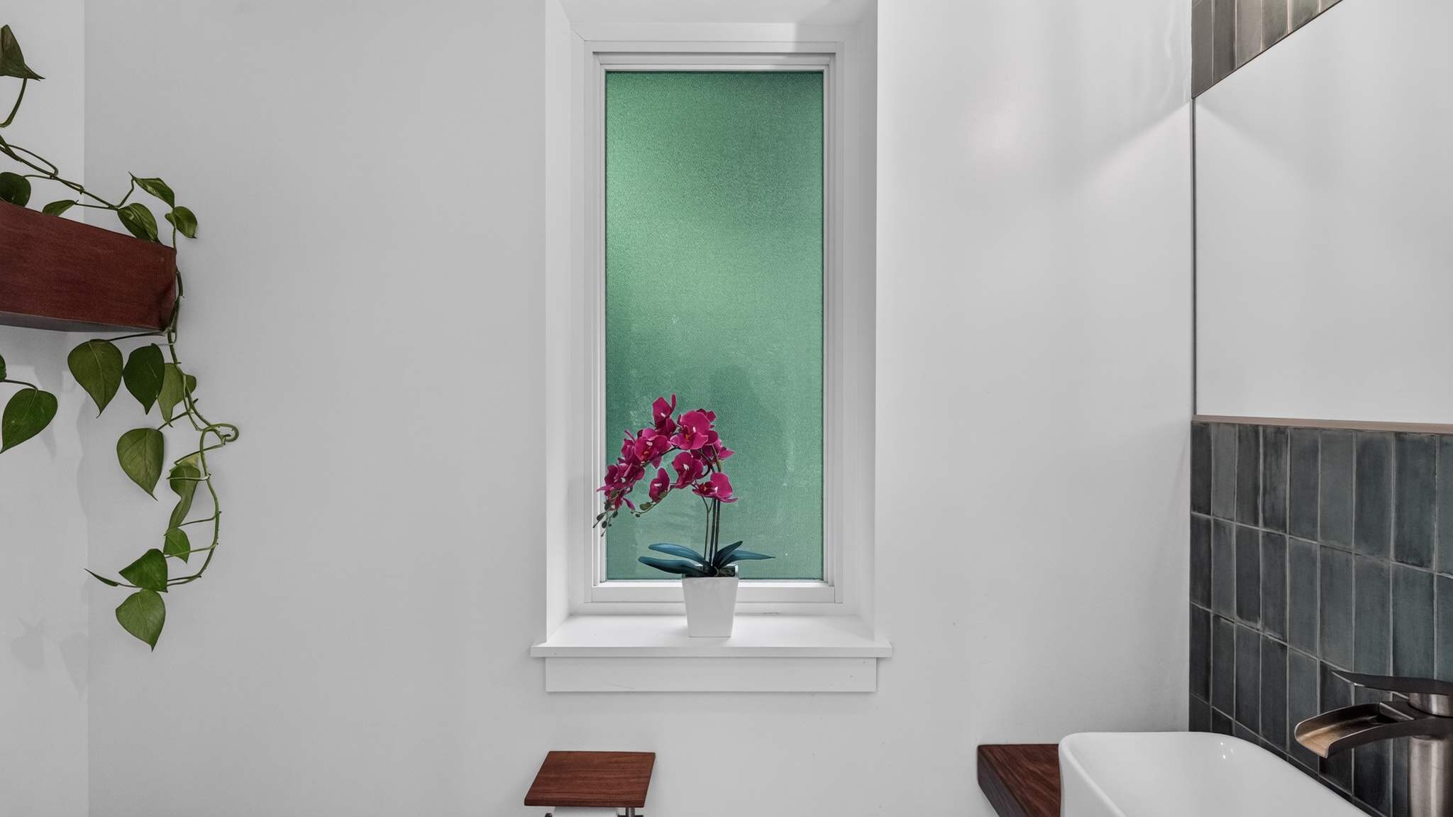 A close-up of a narrow, frosted green window in a white-walled bathroom, featuring a vibrant pink orchid in a white pot on the windowsill. A trailing green plant hangs from a wooden shelf to the left.