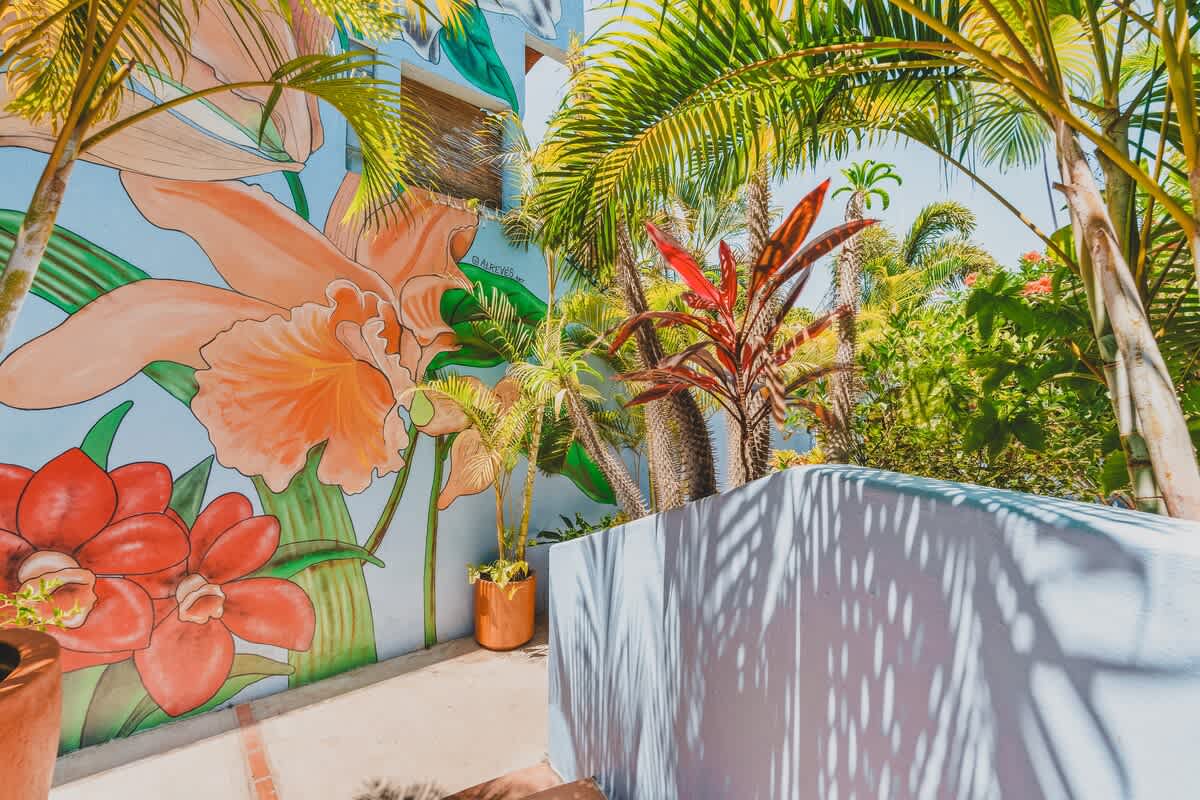 Vibrant exterior wall adorned with a large floral mural in orange and red tones, surrounded by lush tropical foliage and palm trees, creating a colorful pathway.