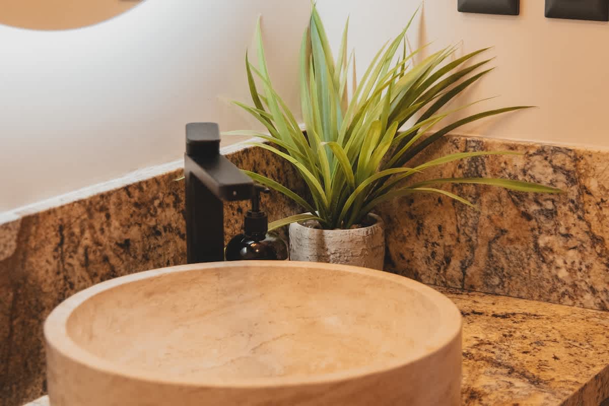 A contemporary bathroom vanity showcases a round, natural stone vessel sink and a sleek matte black faucet, complemented by a speckled granite countertop. A small potted green plant adds a touch of freshness to the corner.
