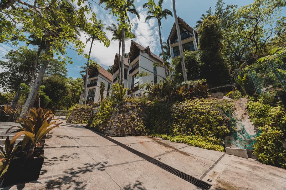 A winding concrete driveway leads up to several modern buildings with peaked, thatched roofs, nestled among lush tropical foliage and tall palm trees under a bright blue sky.