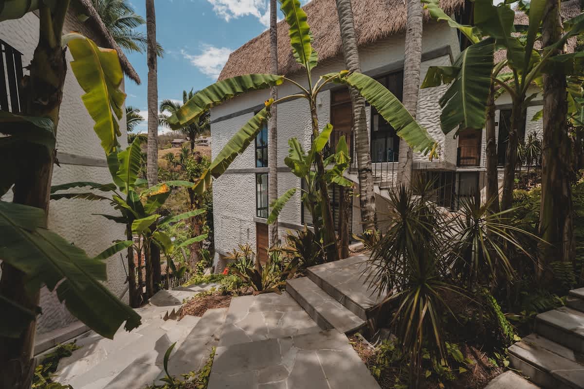 A view of white buildings with thatched roofs nestled among tall palm trees and tropical vegetation, connected by concrete pathways and steps, under a clear blue sky.
