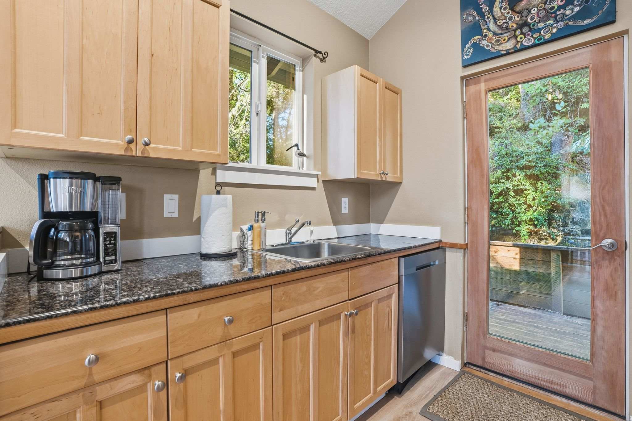 Kitchen counter area with a double sink, stainless steel dishwasher, coffee maker, and paper towel holder, set against light wood cabinets and dark granite countertops, with a window overlooking greenery.