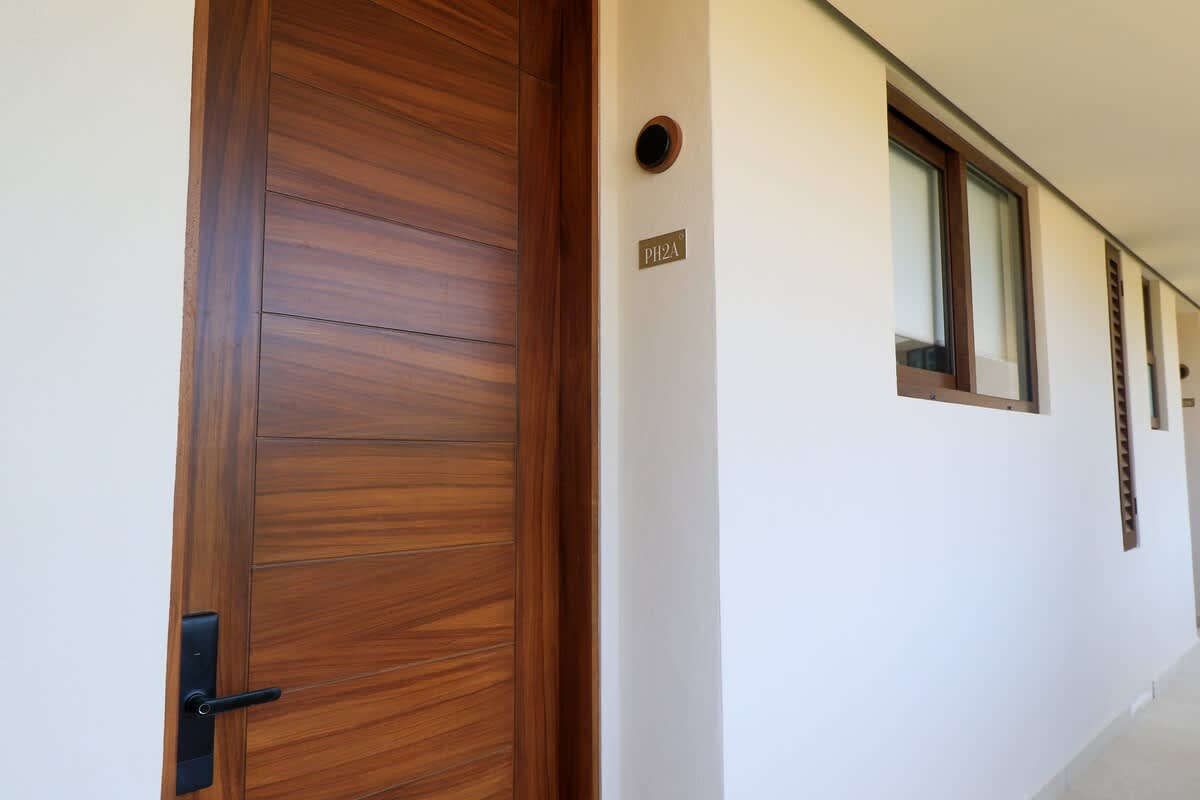 Exterior view of a modern apartment entrance with a rich wooden door featuring horizontal panels and a black handle, next to a white wall with a small window and a room number "PH2A" plaque.