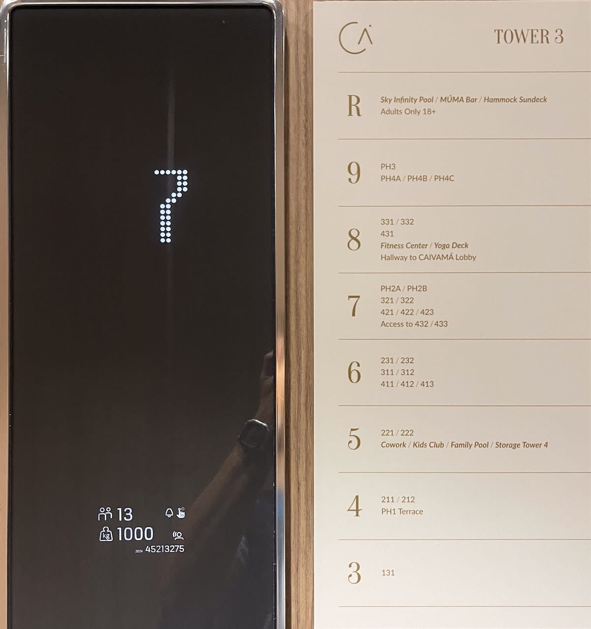 An elevator display shows the current floor as 7, with a directory for "TOWER 3" detailing amenities like the Sky Infinity Pool, Fitness Center, and various penthouse units across different levels.