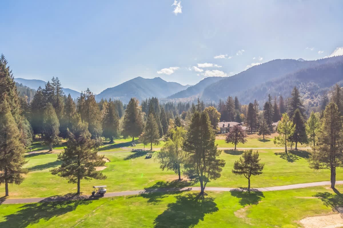 Expansive view of a vibrant green golf course with scattered evergreen trees under a bright blue sky. Majestic mountains rise in the hazy distance, suggesting a scenic and tranquil setting.