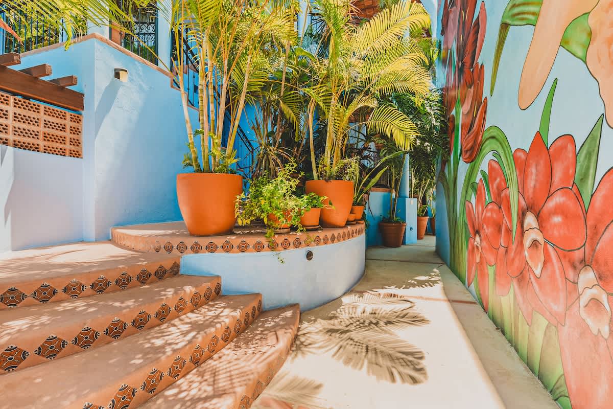 Outdoor steps with patterned terracotta tiles and a light blue wall, adorned with potted plants, leading to a sunny pathway alongside a vibrant floral mural.