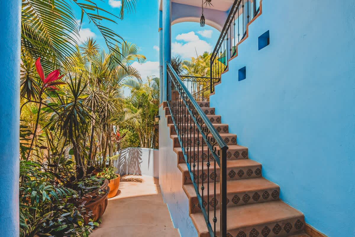 A bright outdoor staircase with patterned terracotta tiles and a black wrought-iron railing, set against a light blue wall and surrounded by lush tropical greenery under a clear sky.