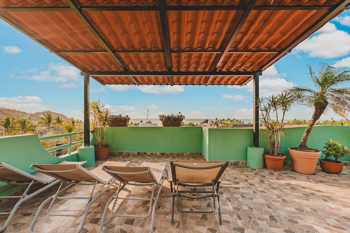 A covered section of a rooftop terrace offers shade over several lounge chairs, with potted palm trees and other plants lining a green wall. Distant views of the town and ocean are visible under a bright blue sky.