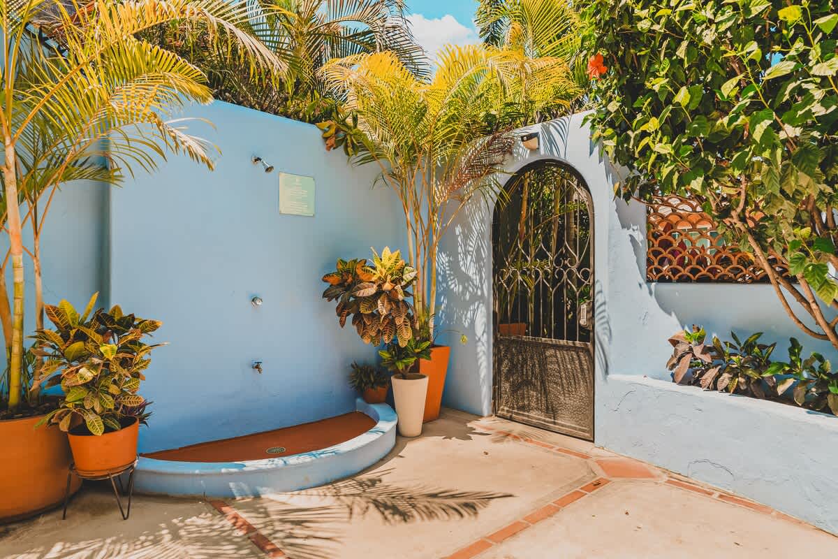 The outdoor shower area with its blue wall and tiled basin is seen from a wider angle, revealing an ornate arched metal gate leading to another section of the property, surrounded by lush tropical foliage.