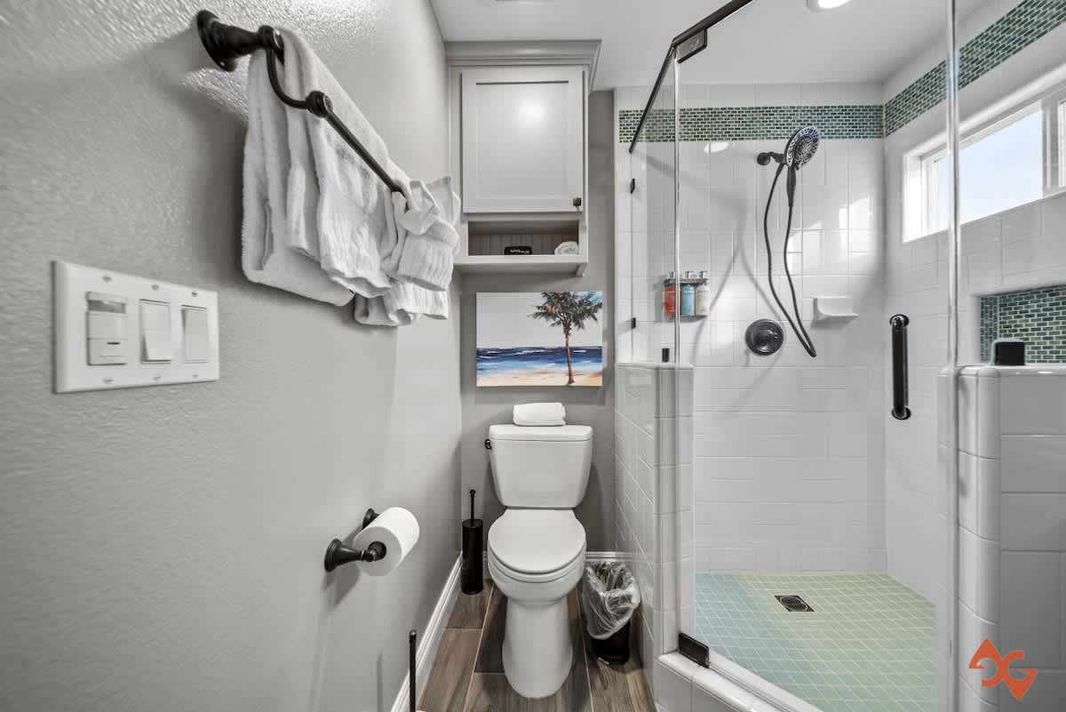 Contemporary bathroom with a glass-enclosed walk-in shower, a white toilet, and a wall-mounted towel rack, featuring light grey walls and a palm tree artwork above the toilet.