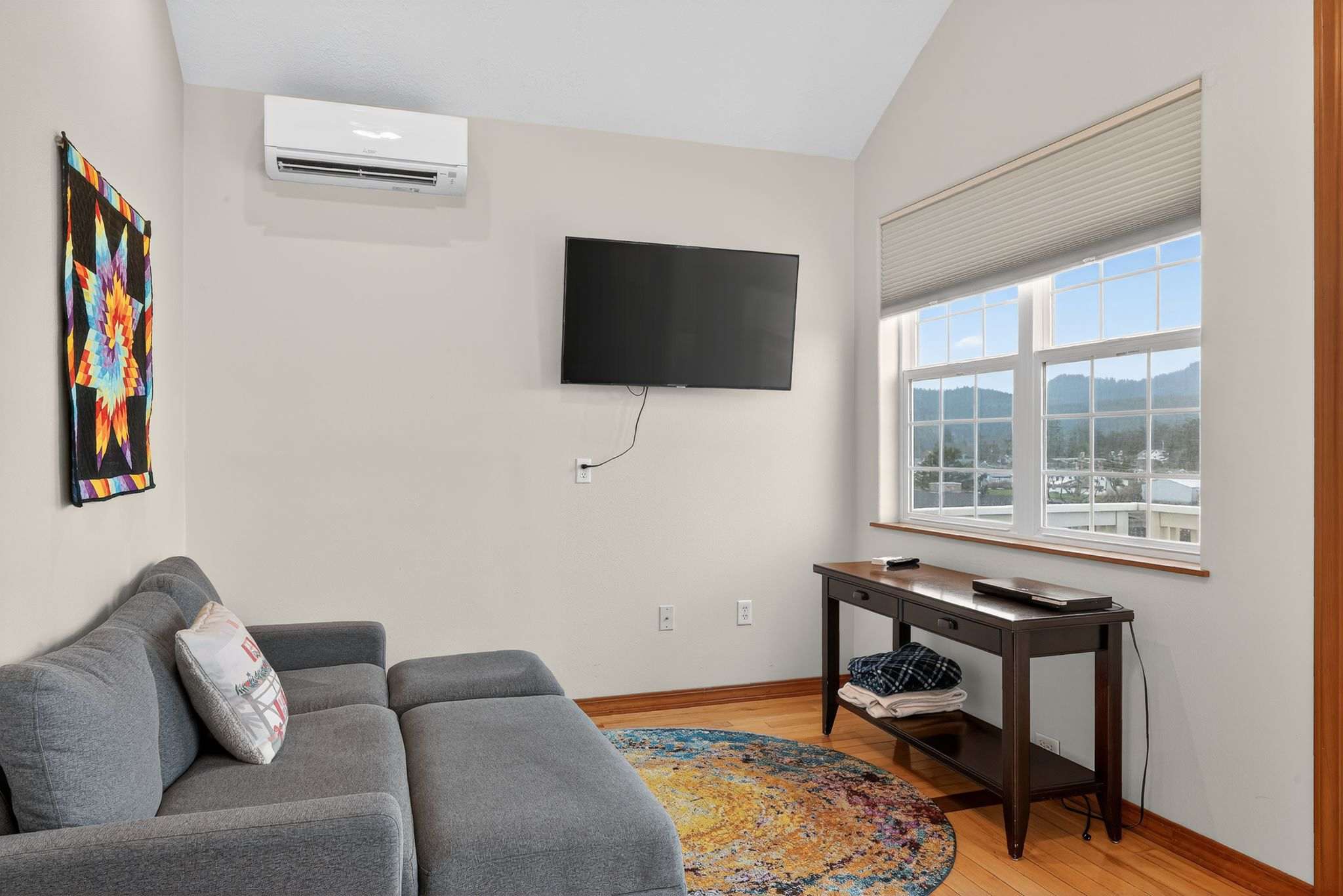 A cozy living space features a gray sectional sofa, a wall-mounted TV, and an AC unit, with a large window offering views of distant hills. A colorful round rug adds a pop of color to the hardwood floor.