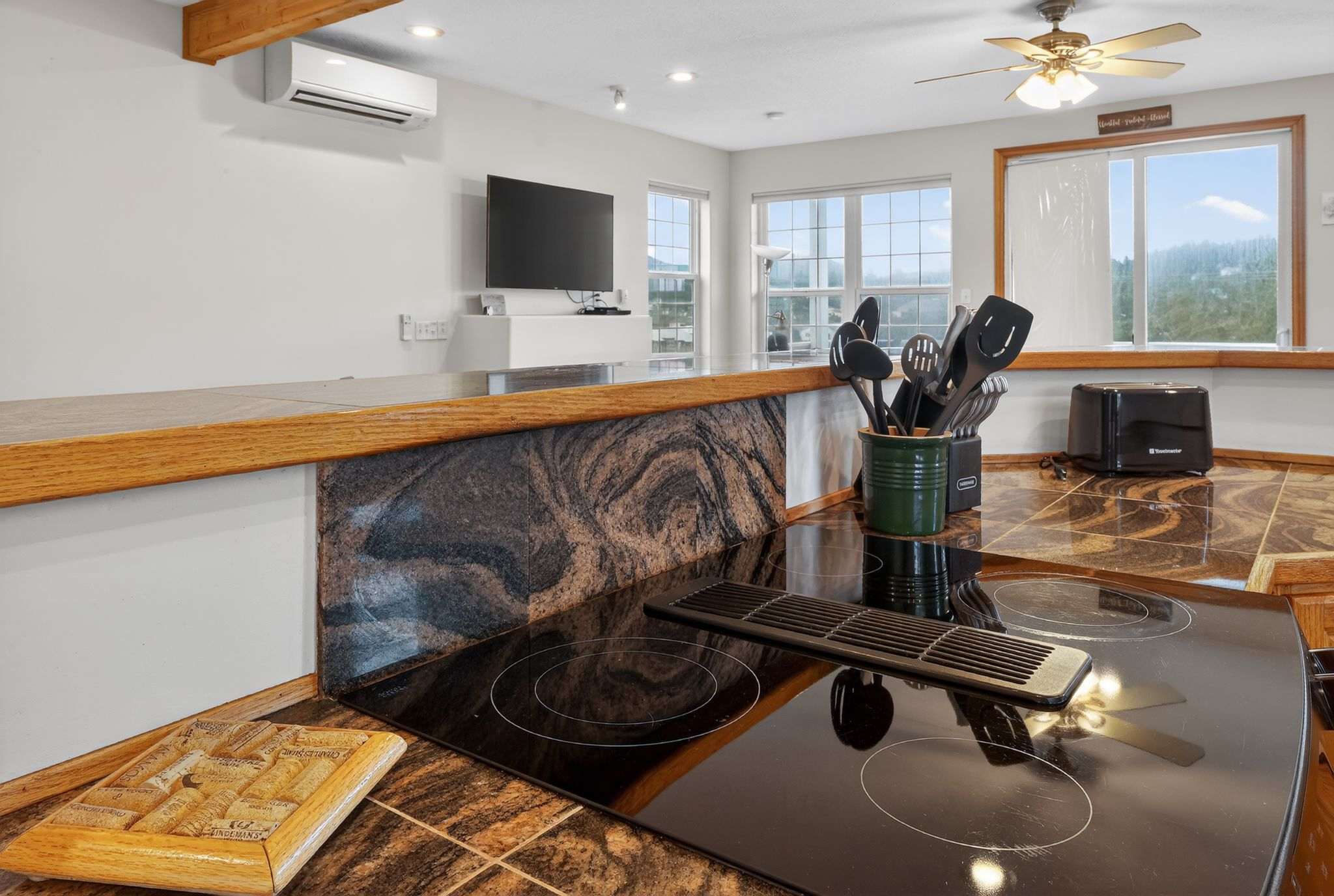 This kitchen area features a black electric cooktop integrated into a dark granite countertop, with a wooden bar counter separating it from a bright living space. A wall-mounted TV, a ceiling fan, and a mini-split AC unit are visible in the background.