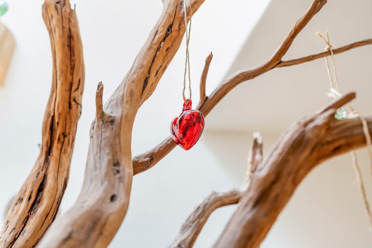 A delicate red glass heart ornament hangs from a rustic, gnarled bare tree branch, serving as an artistic decorative element against a soft, light background.