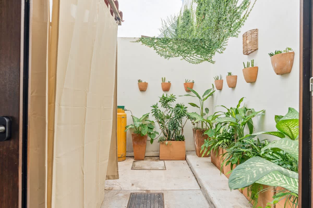 Outdoor patio with various potted plants and wall-mounted decor, featuring a concrete floor and a view of a hidden laundry area behind a curtain. Two yellow gas tanks are visible.
