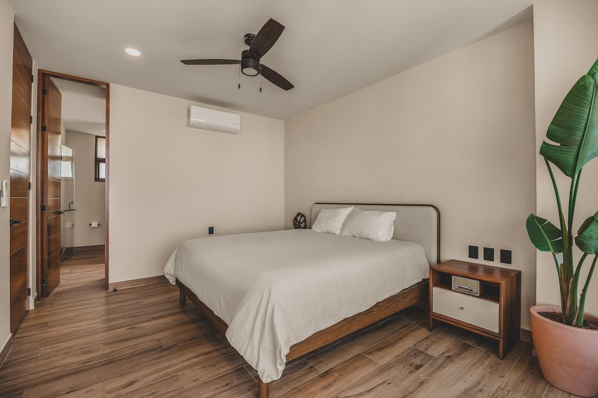 Cozy bedroom with a queen-sized bed, light wood flooring, a dark wood nightstand with a radio, and a large potted plant, illuminated by recessed lighting and a ceiling fan.