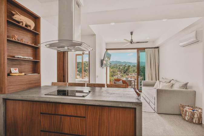 Modern open-concept kitchen and living area with a concrete island featuring an induction cooktop, rich wooden cabinetry, and a view of the living room with a sofa and a balcony offering scenic outdoor views.