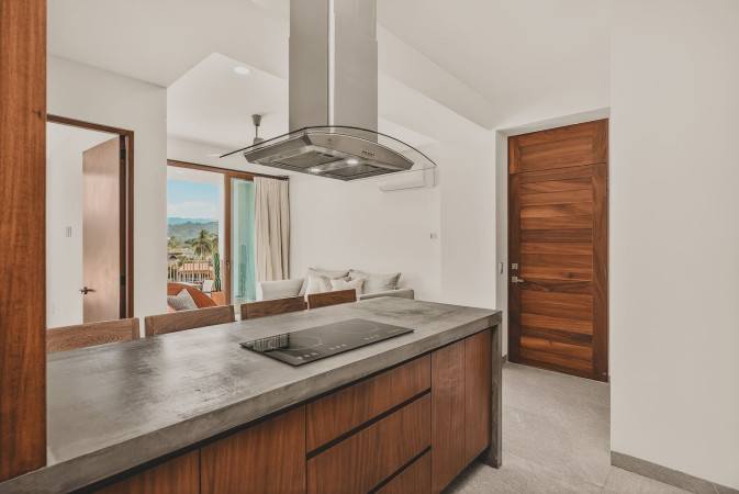 View of the contemporary kitchen island with an induction cooktop and dark wooden cabinetry, looking towards the bright living area with a sofa and a large sliding glass door opening to a balcony.