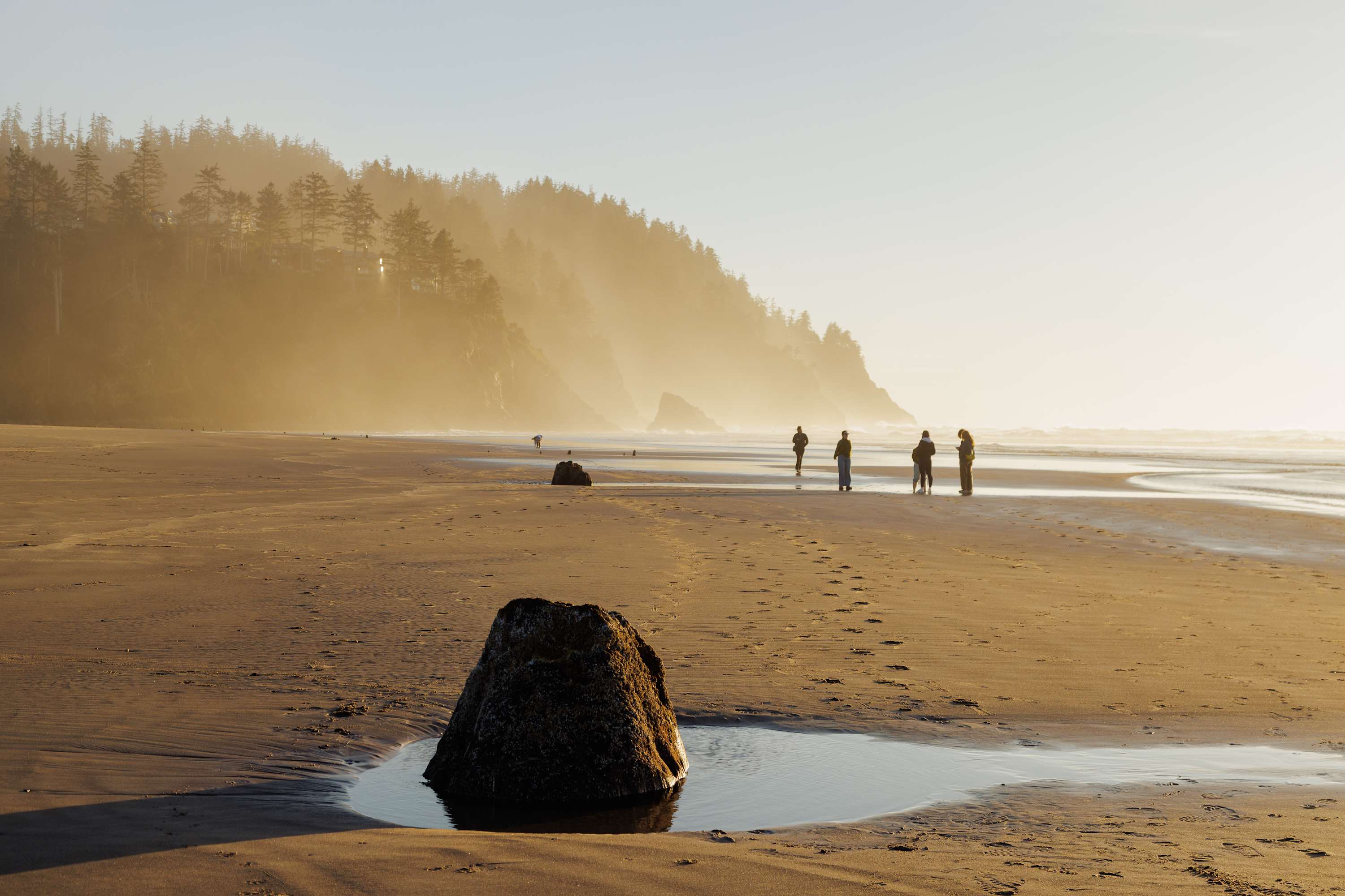 A wide sandy beach at sunset with a misty, golden glow, featuring several people walking near the water's edge and a large rock with a small tide pool in the foreground. Pine-covered cliffs rise in the background.