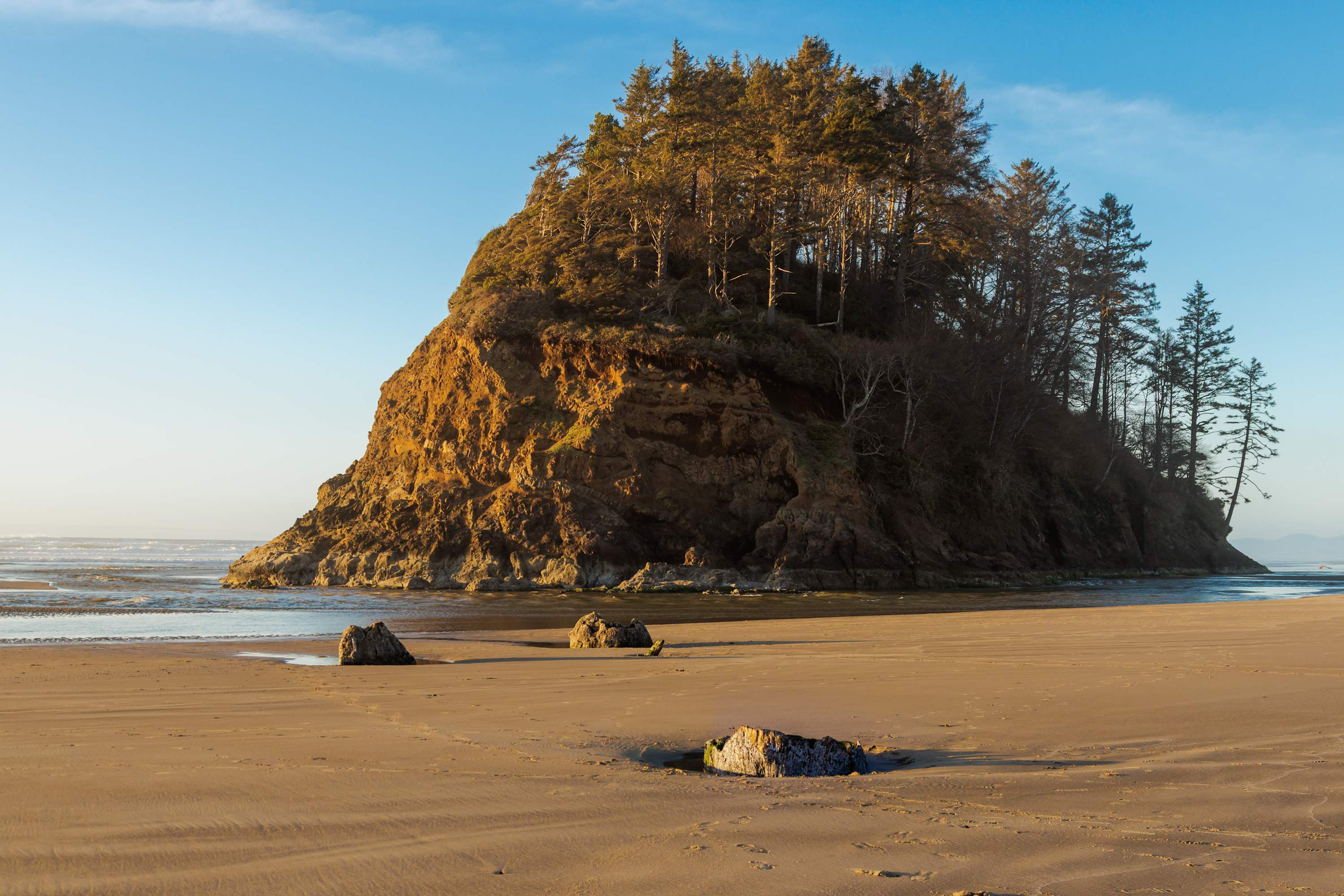 Striking view of a large, tree-covered sea stack (Proposal Rock) on a sandy beach, with the ocean in the background under a clear blue sky. Several rocks are scattered in the foreground, adding texture to the expansive beach.