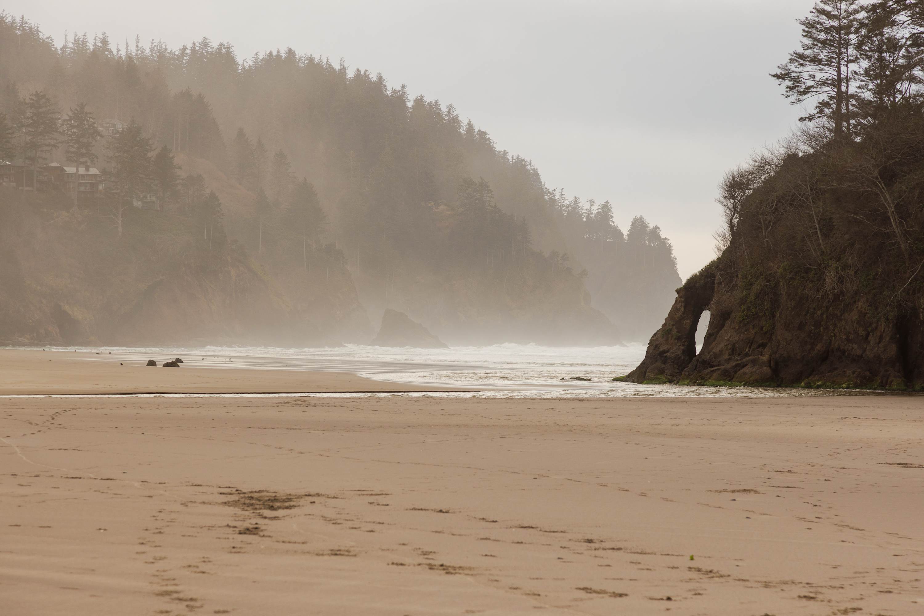 Misty coastal landscape featuring a wide sandy beach and the ocean, with a natural rock arch on the right. Dense evergreen forests cover the hillsides in the background, creating an atmospheric and serene scene.