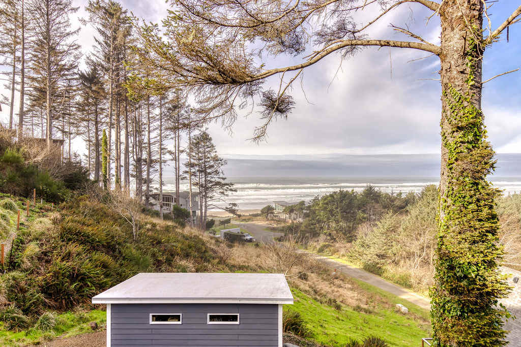 Expansive view of the sloped backyard and surrounding landscape, featuring tall evergreen trees and a distant ocean view. A small gray outbuilding is visible in the foreground.