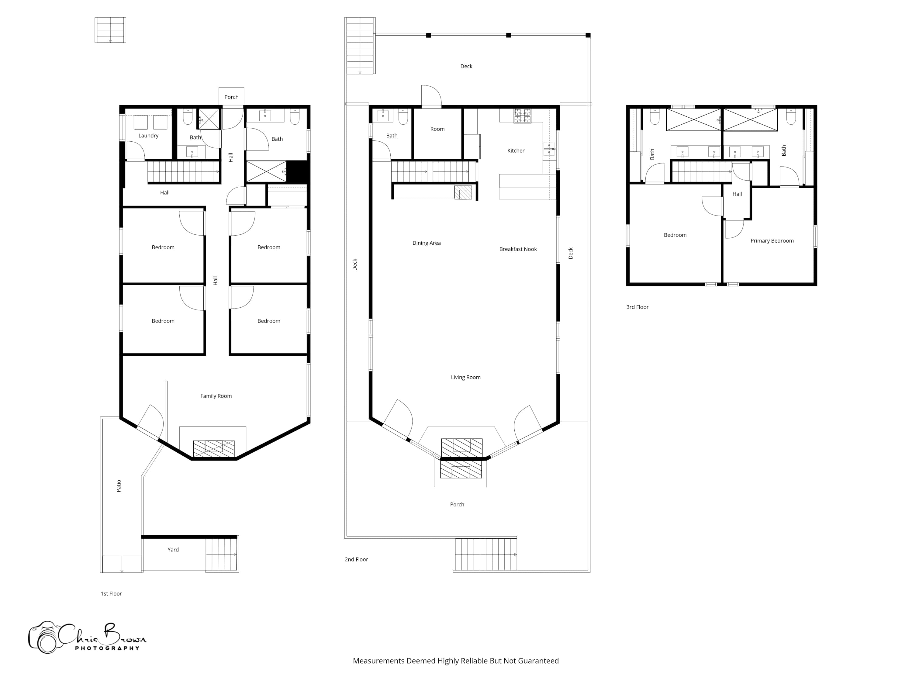 A detailed black and white floor plan illustrates the three levels of the property, labeling rooms such as bedrooms, bathrooms, kitchen, living room, and decks, with measurements noted below.