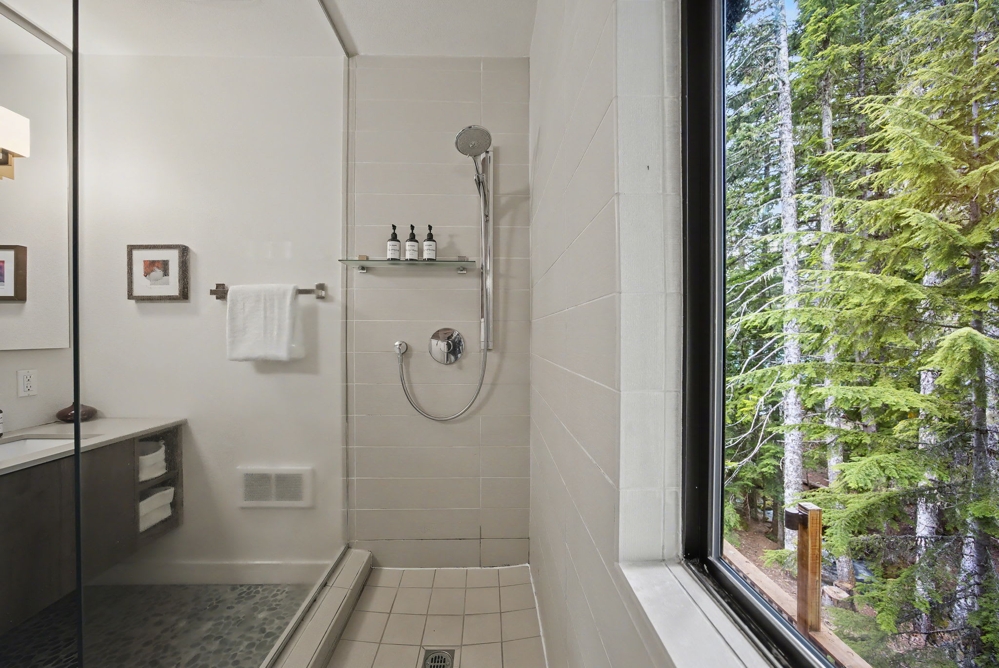 A close-up view inside a modern glass-enclosed shower, featuring a rain showerhead, handheld sprayer, and built-in shelving with toiletries. A large window provides a natural view of green trees, enhancing the spa-like feel.