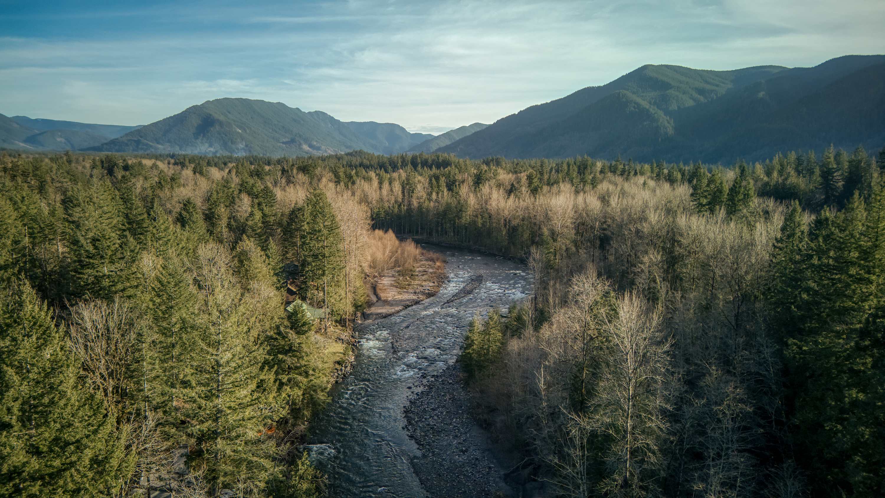 Panoramic aerial view of a wide, rocky river winding through a dense forest of evergreen and bare deciduous trees. Majestic mountains rise in the distant background under a partly cloudy sky.