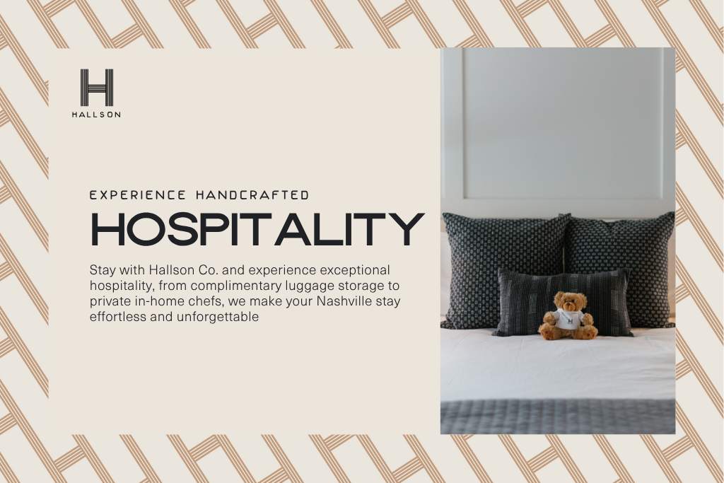 A promotional graphic for "Hallson" advertising "EXPERIENCE HANDCRAFTED HOSPITALITY," featuring a bed with dark pillows and a teddy bear, set against a beige background with a geometric pattern.