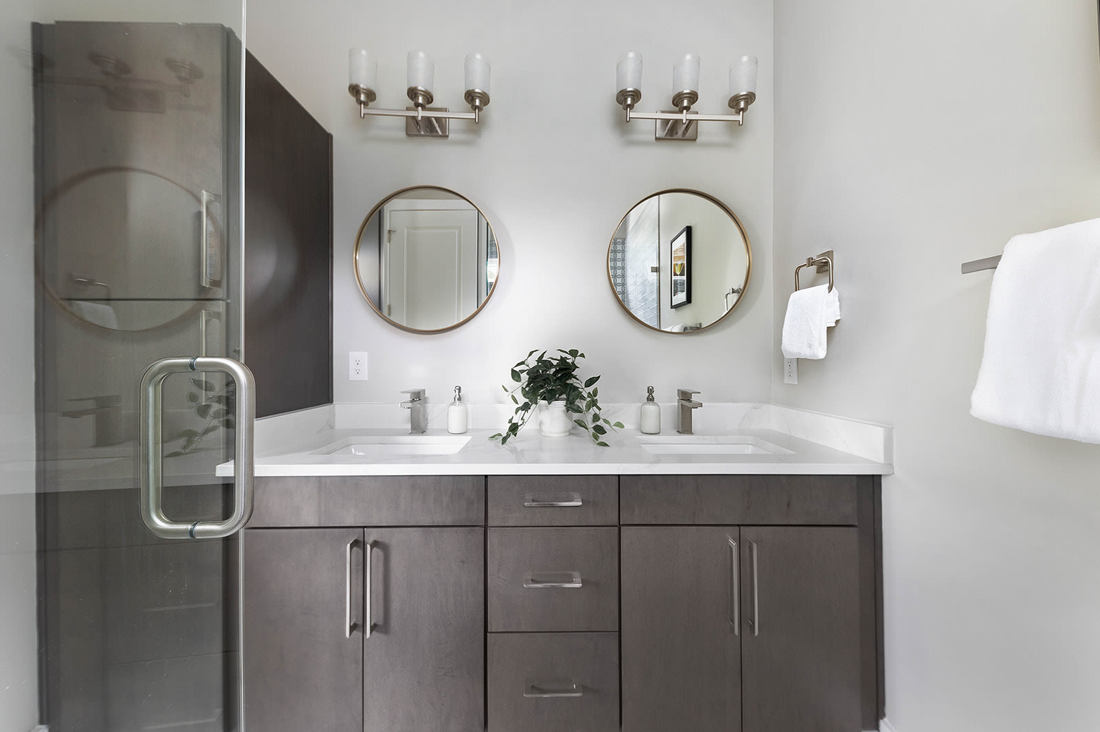 A close-up view of the double vanity in a modern bathroom, showcasing dark wood cabinets, white countertops, and two round mirrors with gold frames. A small plant sits between the sinks, and a glass shower door is visible on the left.
